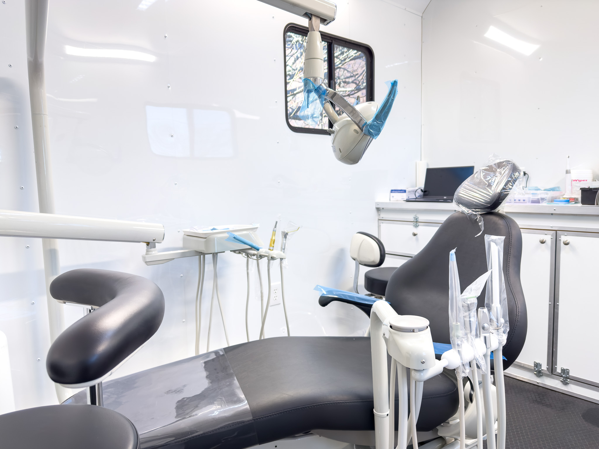 Dental chair inside of mobil dental clinic