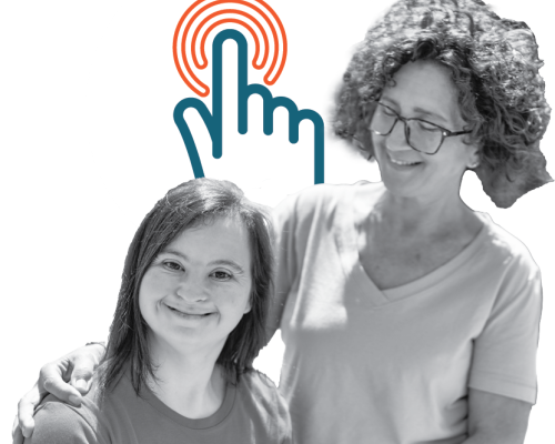 Woman with arm around girl's shoulder and button icon