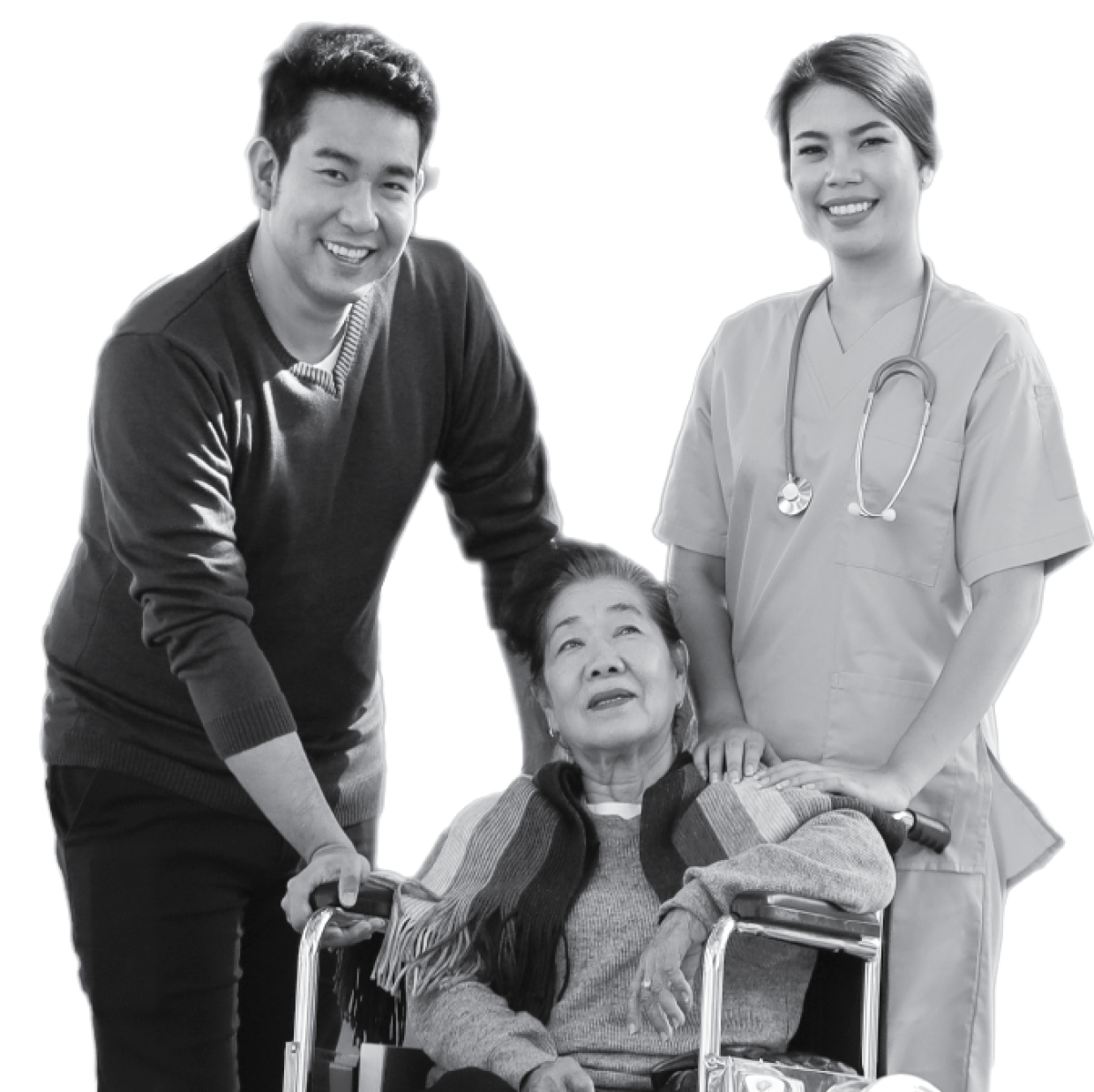 Man and woman standing behind older woman in wheelchair.